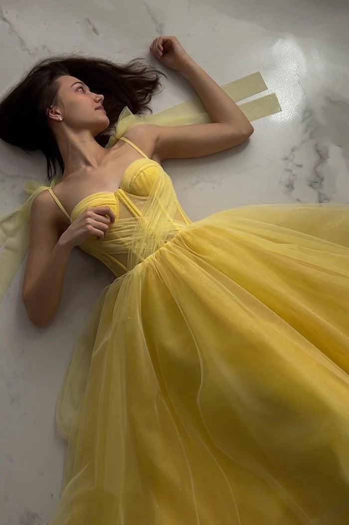 Yellow Tulle Long A-Line Unique Design Party Dresses